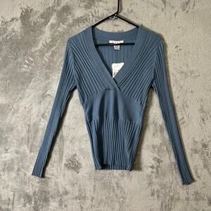 CAbi Blue Fitted Ribbed Knit Top Y2K 2000s Stretch Long Sleeve M Silk Cotton New